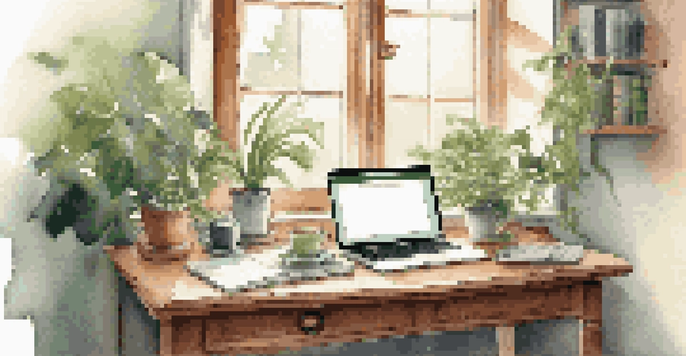 A calm and organized workspace with a laptop, notepad, and coffee, illuminated by morning light and surrounded by green plants.