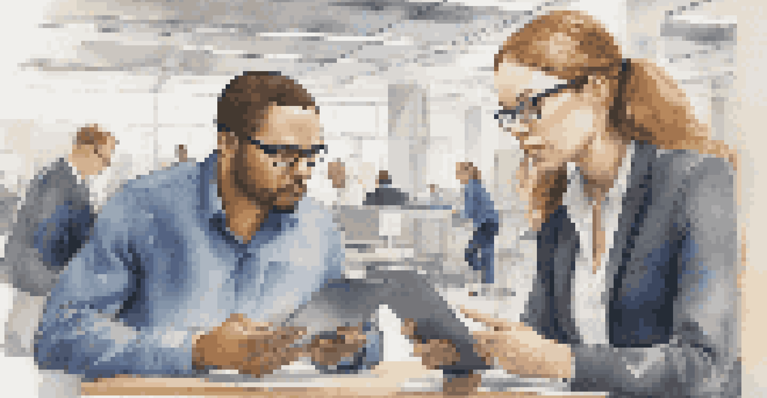 Two individuals having a conversation in a busy office, one showing something on a tablet.