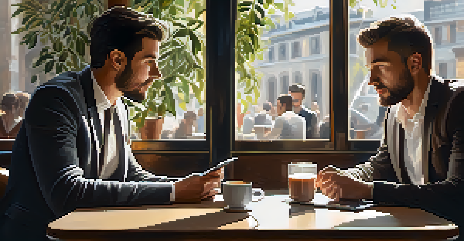 Two entrepreneurs discussing a digital presentation over coffee in a cozy café with natural light.