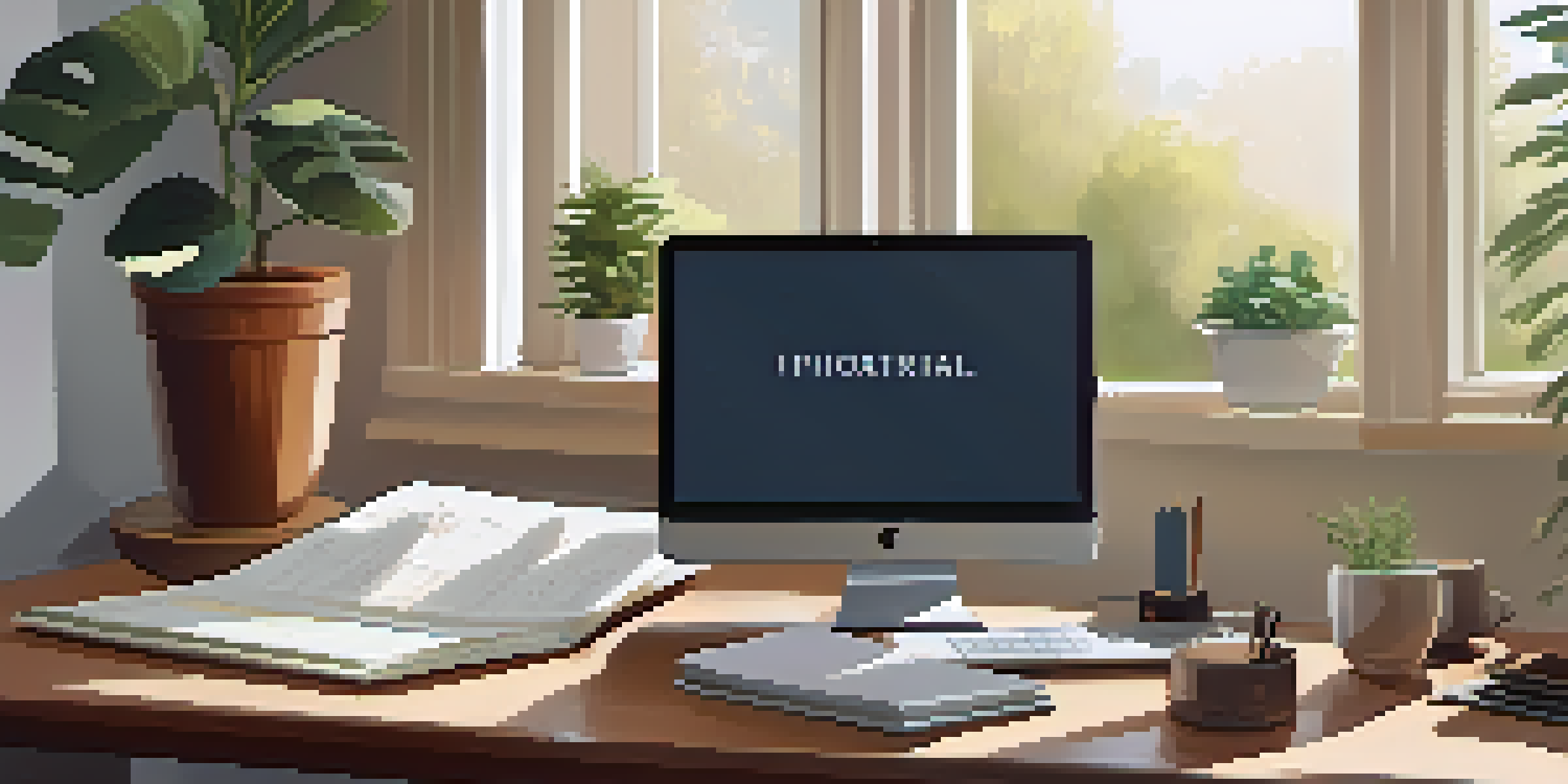 A peaceful home office with a wooden desk, laptop, plants, and morning light, representing work-life balance.