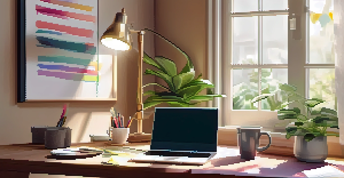 A cozy home office with a wooden desk, laptop, coffee cup, and indoor plants, illuminated by soft natural light.