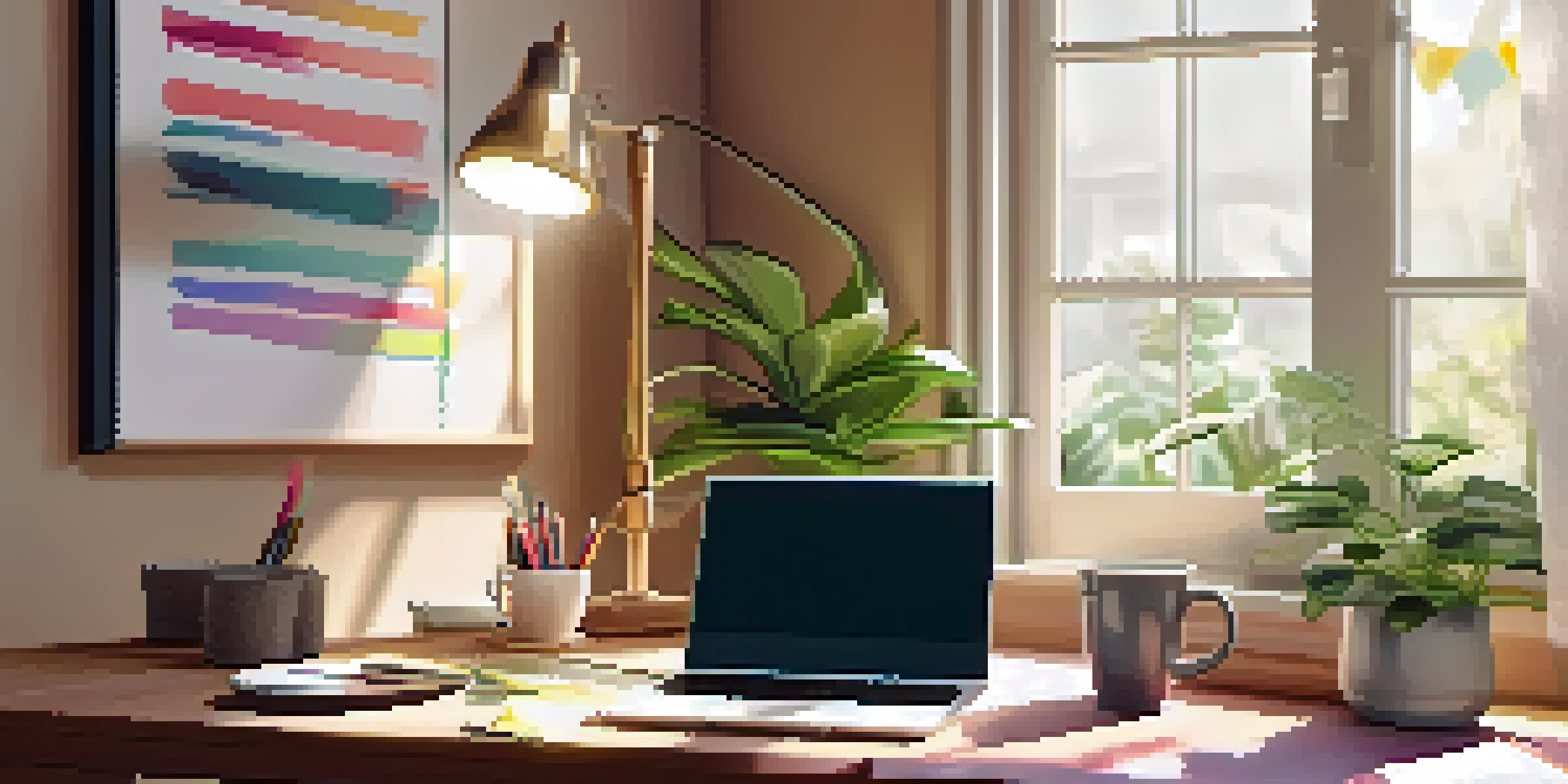 A cozy home office with a wooden desk, laptop, coffee cup, and indoor plants, illuminated by soft natural light.