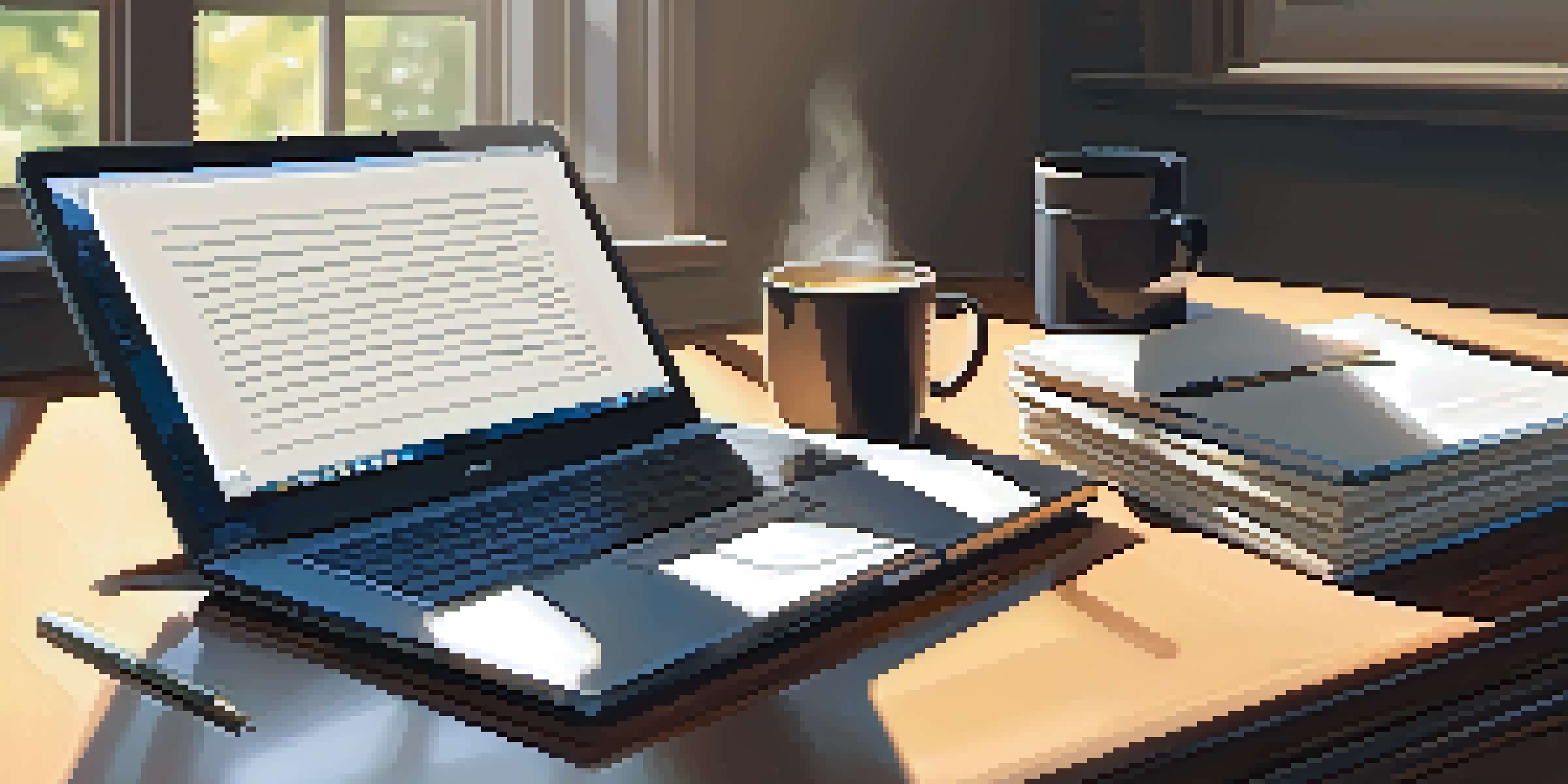A neat office desk with a laptop, coffee cup, and notepad, illuminated by soft sunlight.