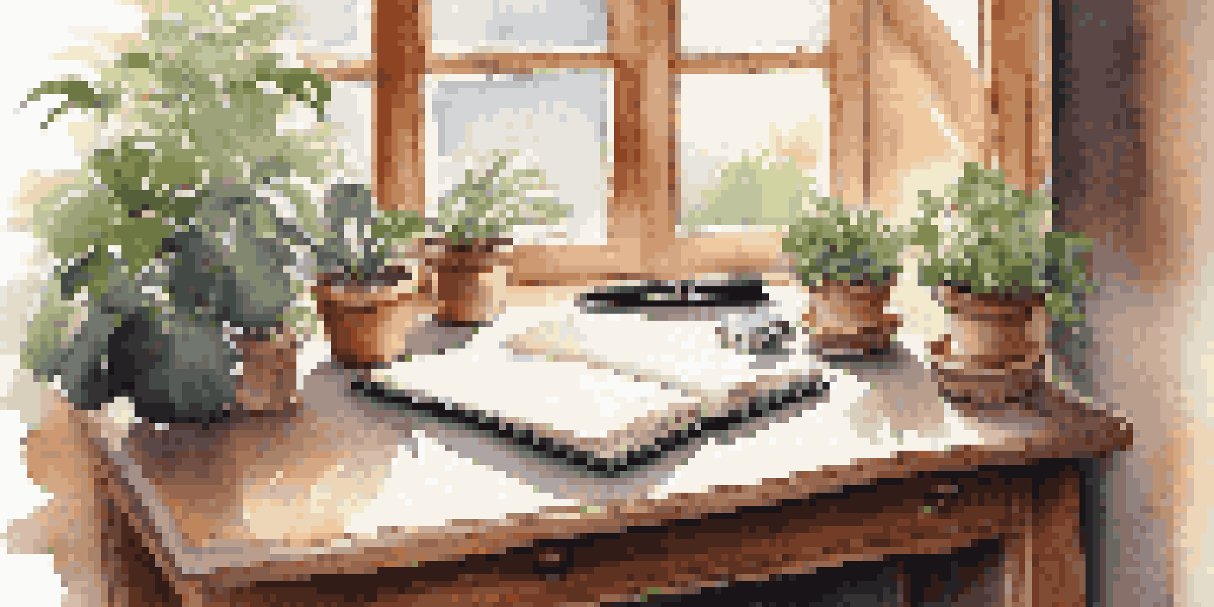 A wooden desk with an open journal and a fountain pen, illuminated by soft light from a window, with a potted plant in the background.