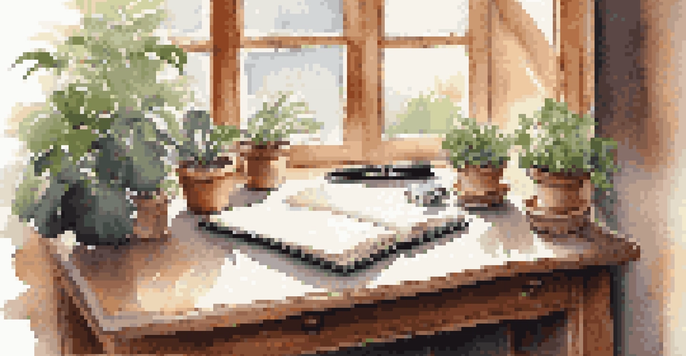 A wooden desk with an open journal and a fountain pen, illuminated by soft light from a window, with a potted plant in the background.
