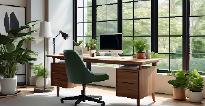 A modern and serene office workspace with a laptop on a desk and plants around, illuminated by natural light.