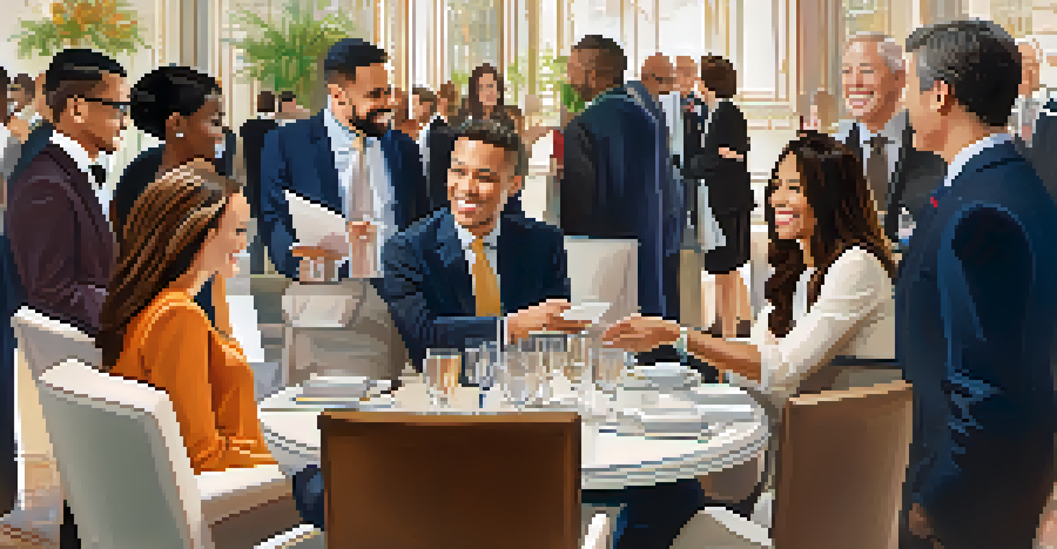 A lively networking event with professionals chatting and exchanging business cards in an elegantly decorated space.