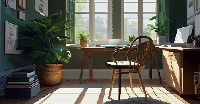 A peaceful workspace with a wooden desk, an open laptop, and art supplies, illuminated by soft sunlight from a window.