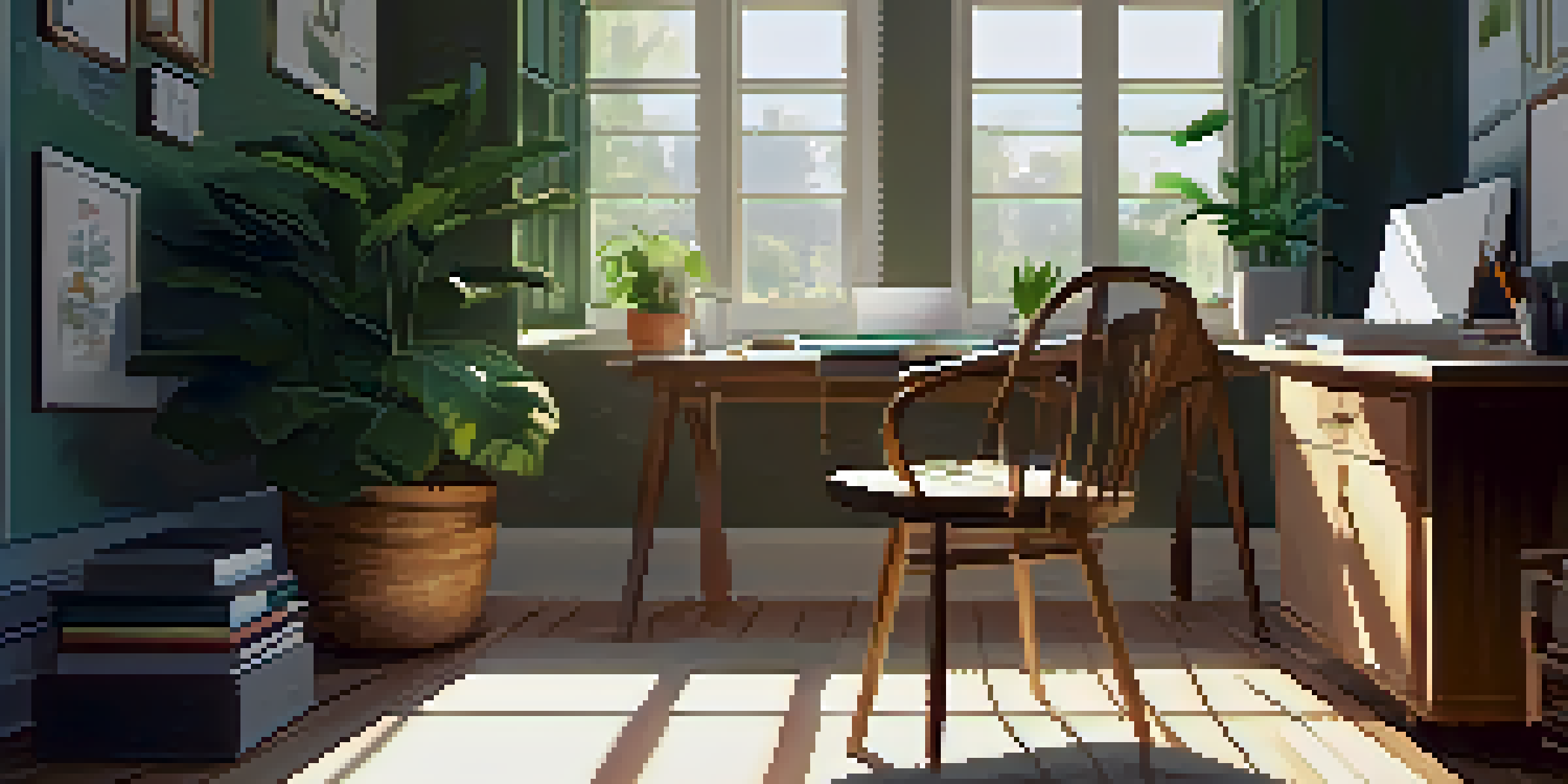 A peaceful workspace with a wooden desk, an open laptop, and art supplies, illuminated by soft sunlight from a window.