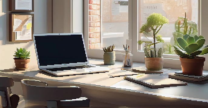 A well-organized desk with a laptop, notepad, and a succulent plant, lit by natural sunlight, with motivational quotes on the wall.
