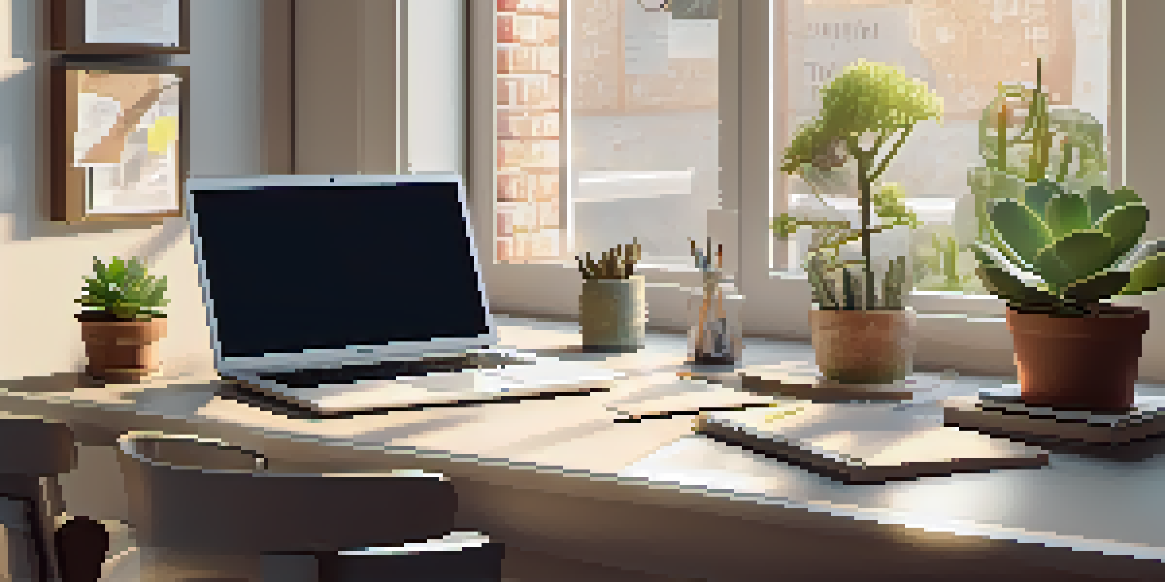 A well-organized desk with a laptop, notepad, and a succulent plant, lit by natural sunlight, with motivational quotes on the wall.