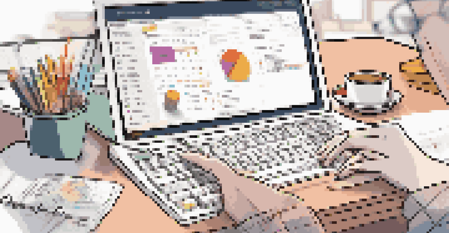 A close-up view of hands typing on a keyboard with project management software on the screen.