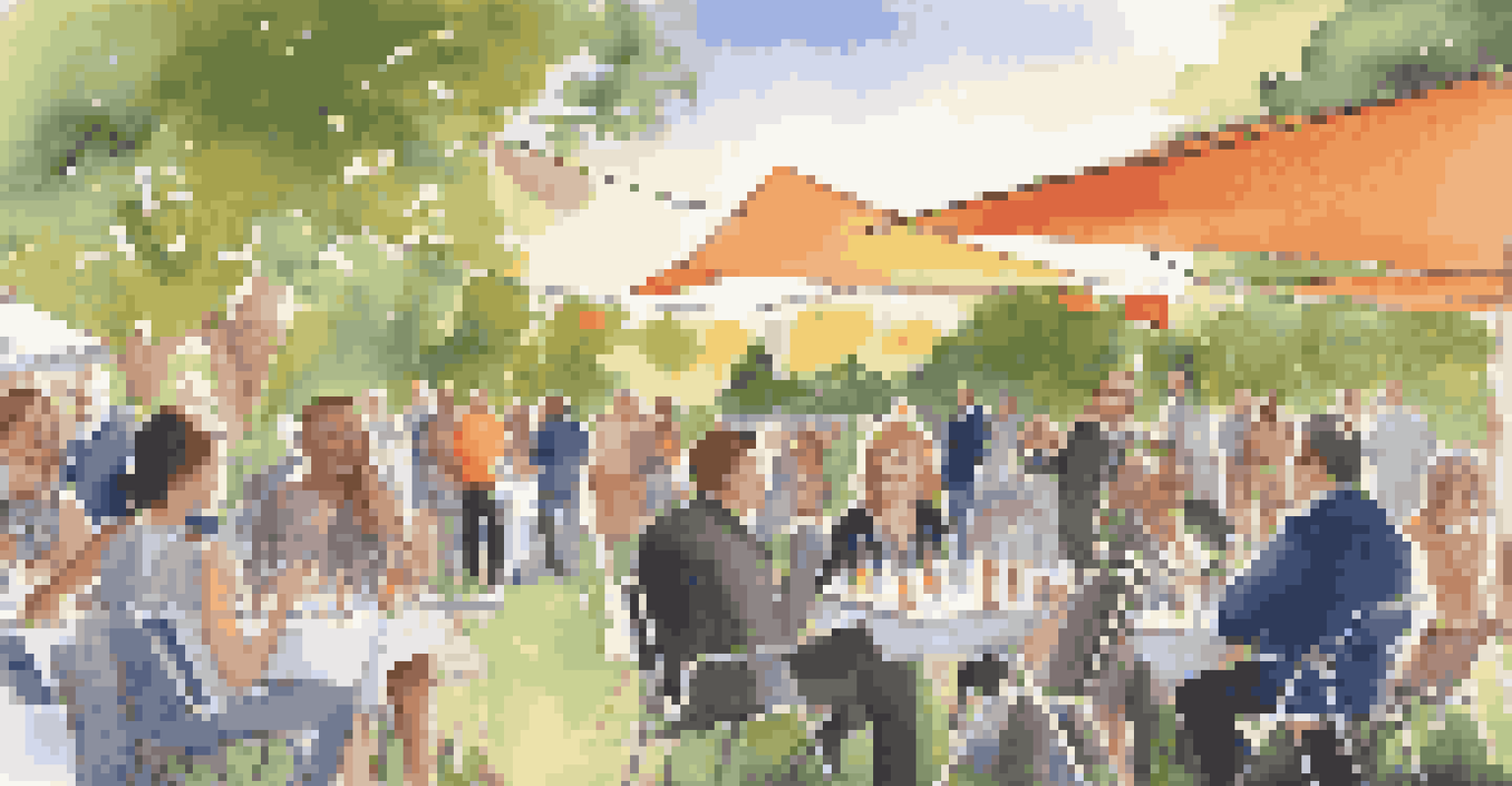 A networking event in a garden with diverse professionals exchanging business cards and engaging in conversations during sunset.