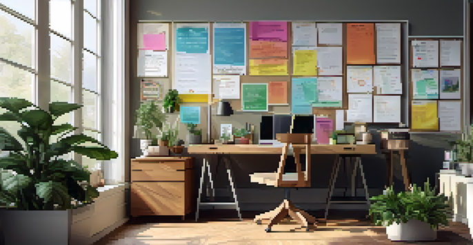 A bright and organized office space with a wooden desk, a laptop, plants, and motivational decor.