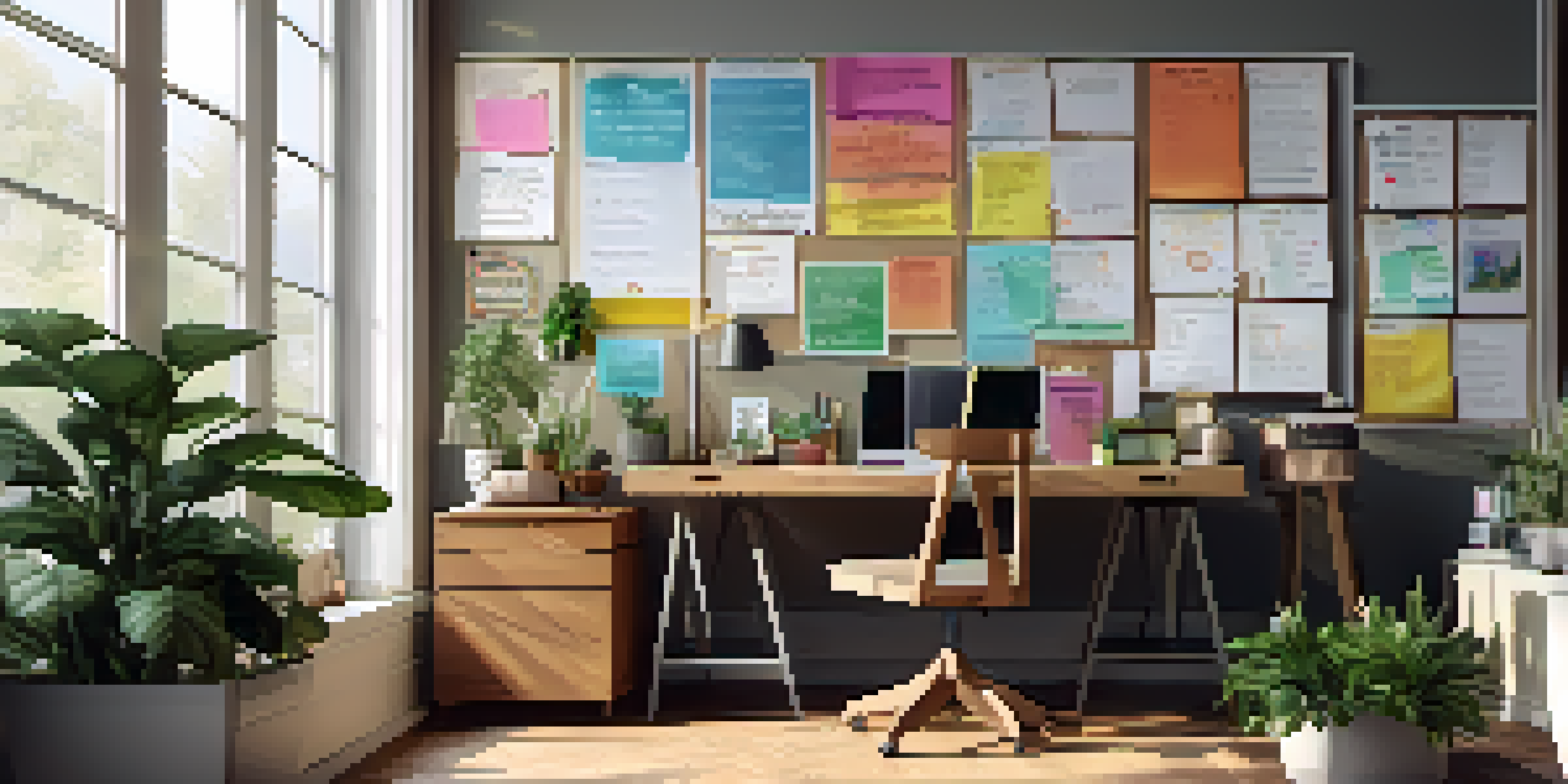 A bright and organized office space with a wooden desk, a laptop, plants, and motivational decor.