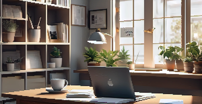 A wooden desk with a laptop showing a vision board, surrounded by motivational quotes and a potted plant, illuminated by soft morning light.
