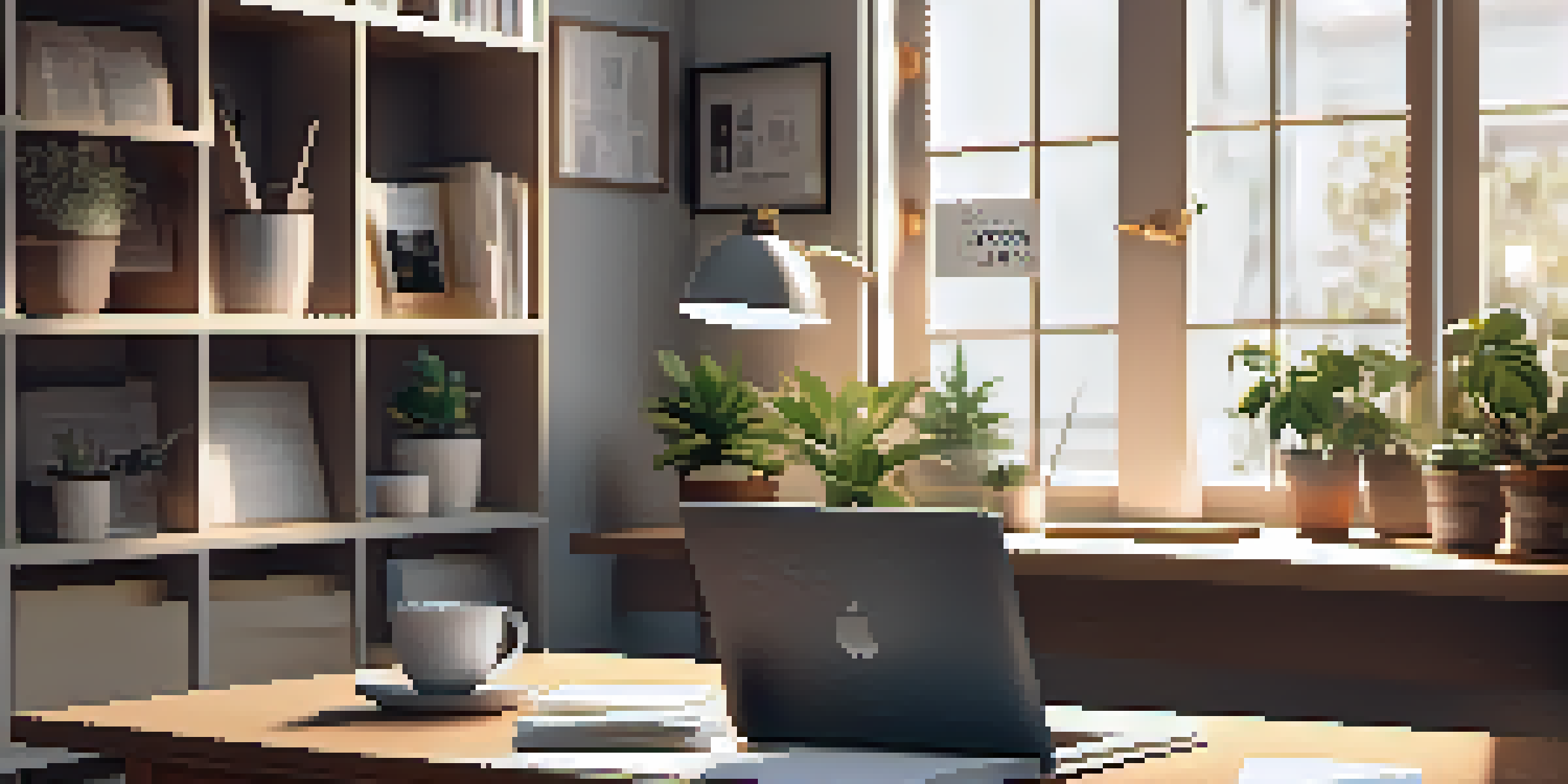 A wooden desk with a laptop showing a vision board, surrounded by motivational quotes and a potted plant, illuminated by soft morning light.