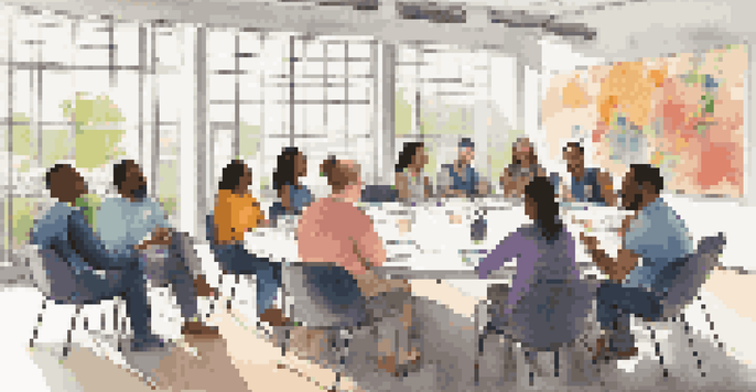 A diverse group of employees participating in a diversity training session, engaged in discussion around a circular table in a bright room.