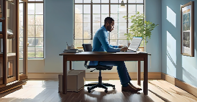 A job seeker working on a laptop at a desk, surrounded by a cozy and professional workspace.