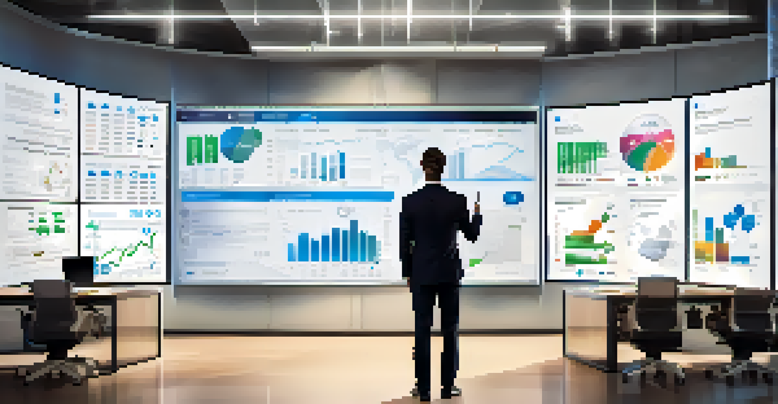 An individual standing in front of a digital screen showcasing social media icons and career growth statistics in a modern office.
