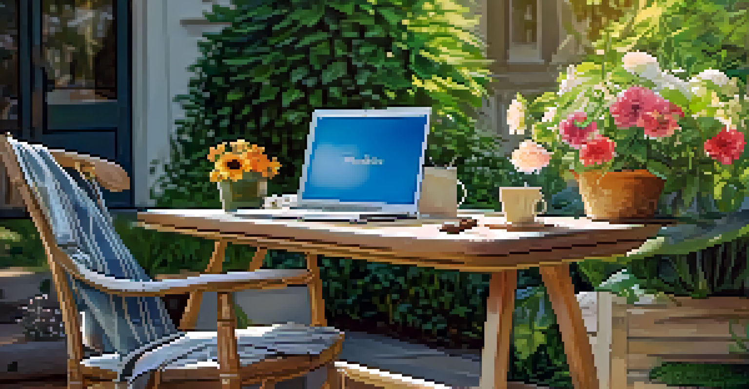 A serene outdoor workspace in a garden with a rustic table and laptop.