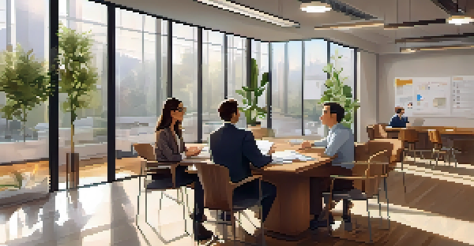 A mentor and mentee having a discussion in a bright office, surrounded by notebooks and plants.