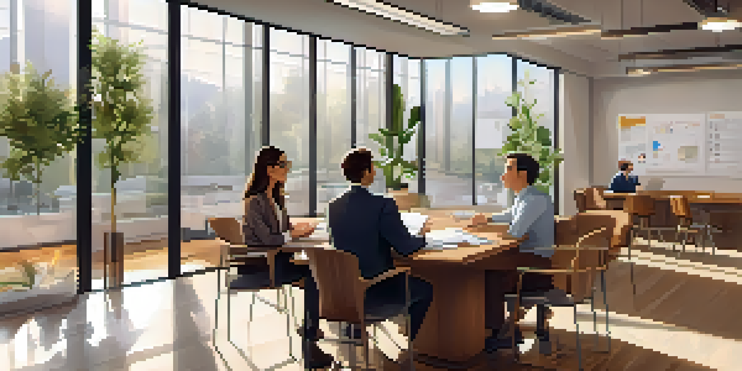 A mentor and mentee having a discussion in a bright office, surrounded by notebooks and plants.