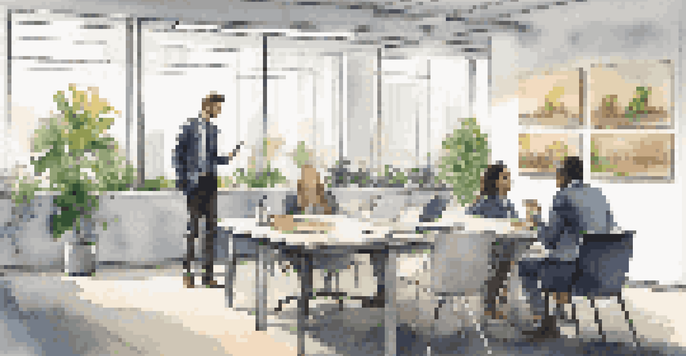 A young graduate attentively observing a mentor in a modern conference room, taking notes during a job shadowing experience.