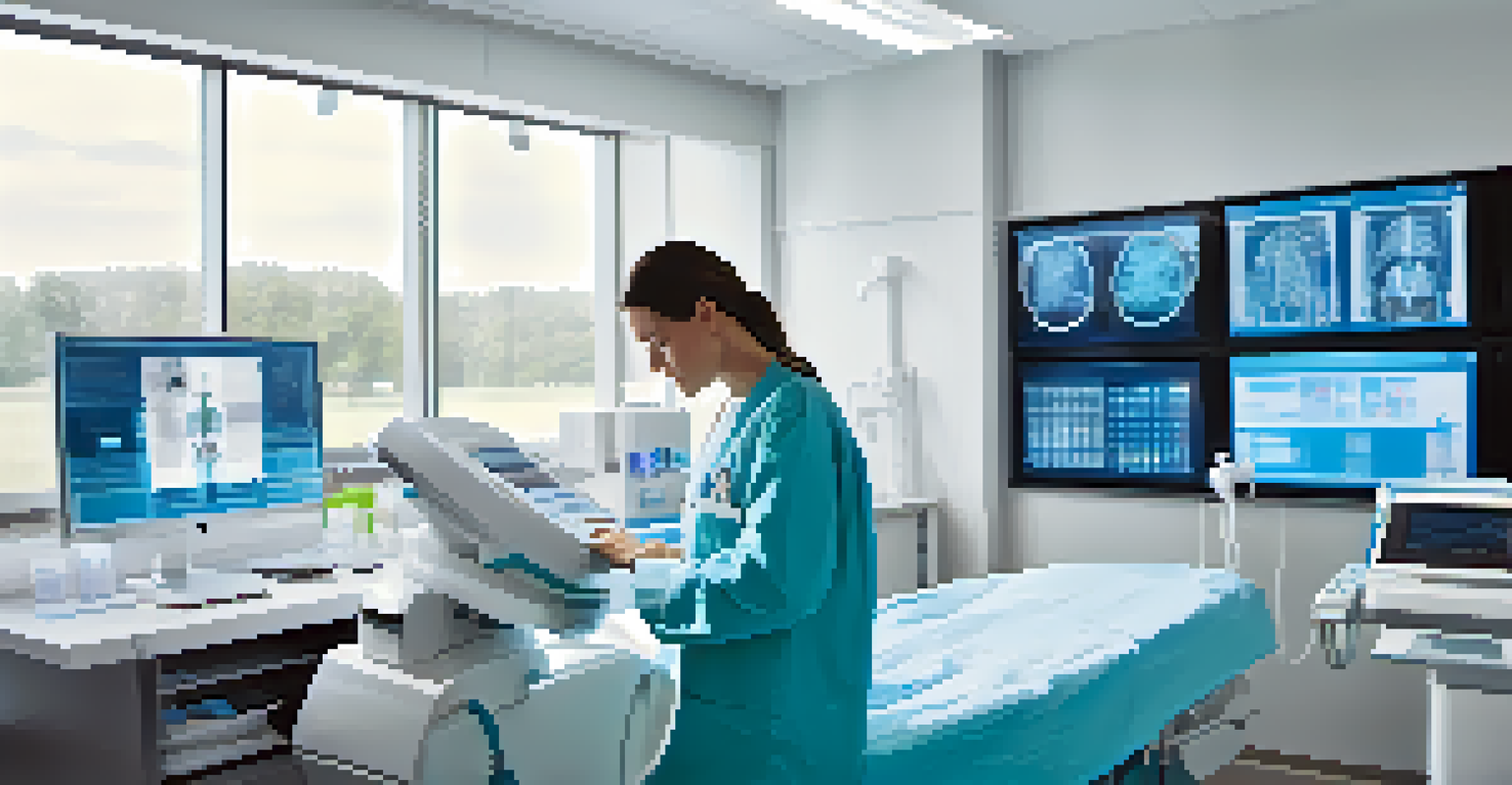A healthcare professional using AI technology to analyze medical images in a bright and sterile environment.