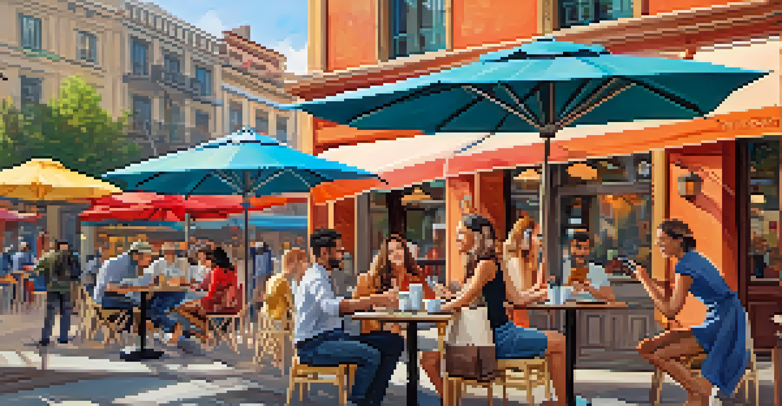 A person at a café interacting with their smartphone, smiling, with a lively urban background and colorful café umbrellas.