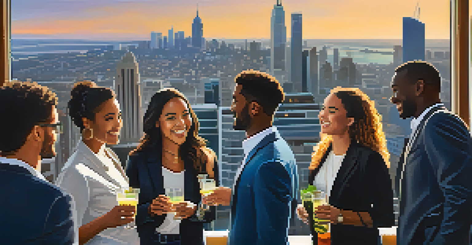 A diverse group of young professionals networking at an event, smiling and engaging in conversation against a city skyline backdrop.