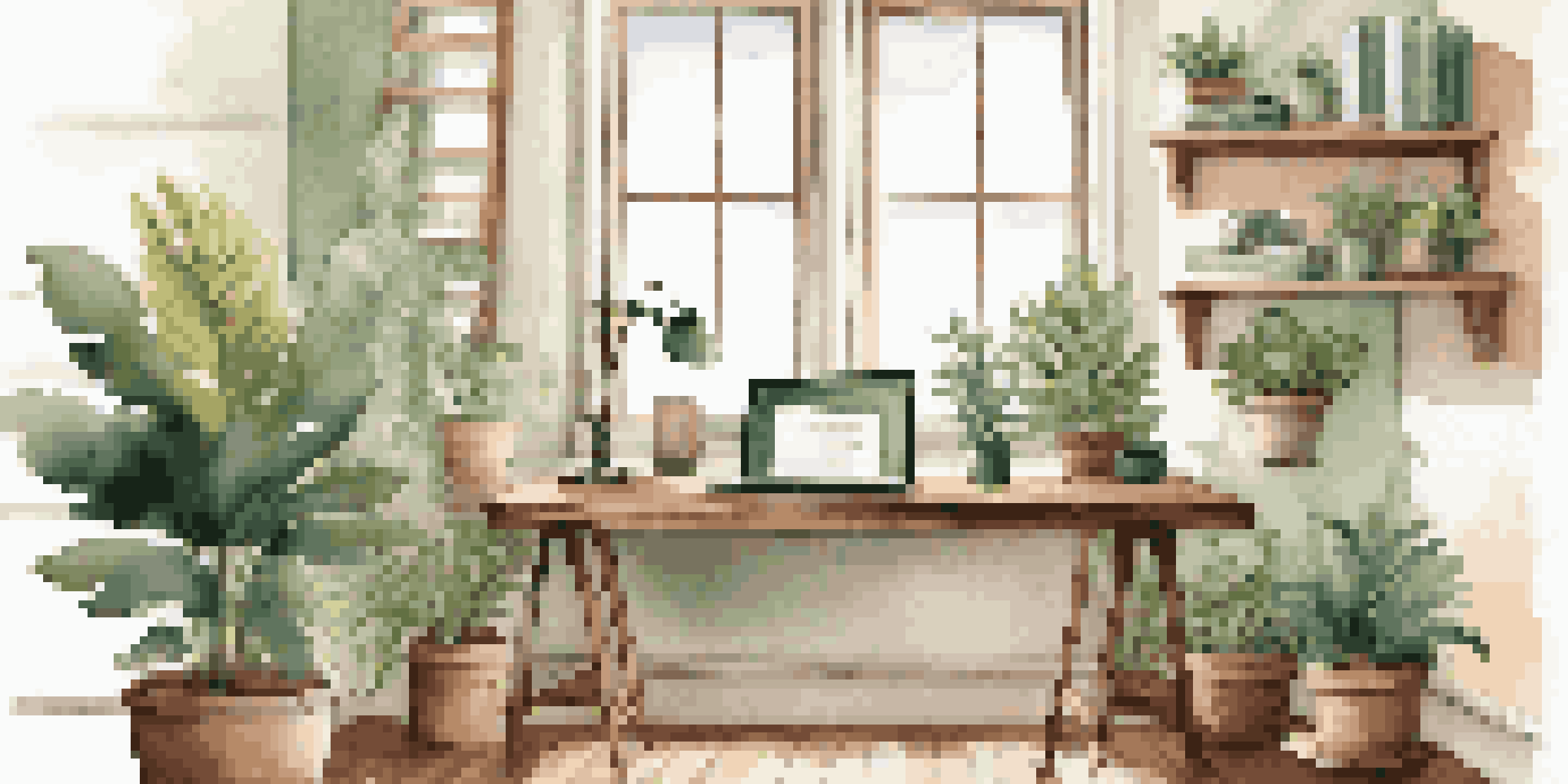 A modern home office with a wooden desk, laptop, plants, and natural light coming through a large window.