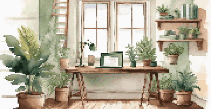 A modern home office with a wooden desk, laptop, plants, and natural light coming through a large window.