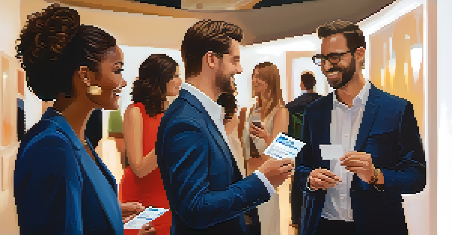A close-up of individuals exchanging business cards at a networking event, with a stylish venue in the background.