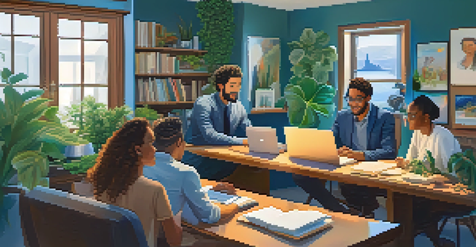 A diverse group of professionals participating in a video conference in a cozy home office, showcasing engagement and interaction.