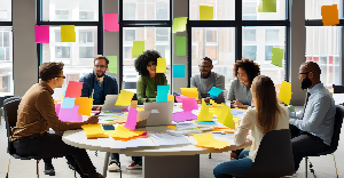 A diverse group of professionals in a bright office brainstorming with sticky notes and digital devices.