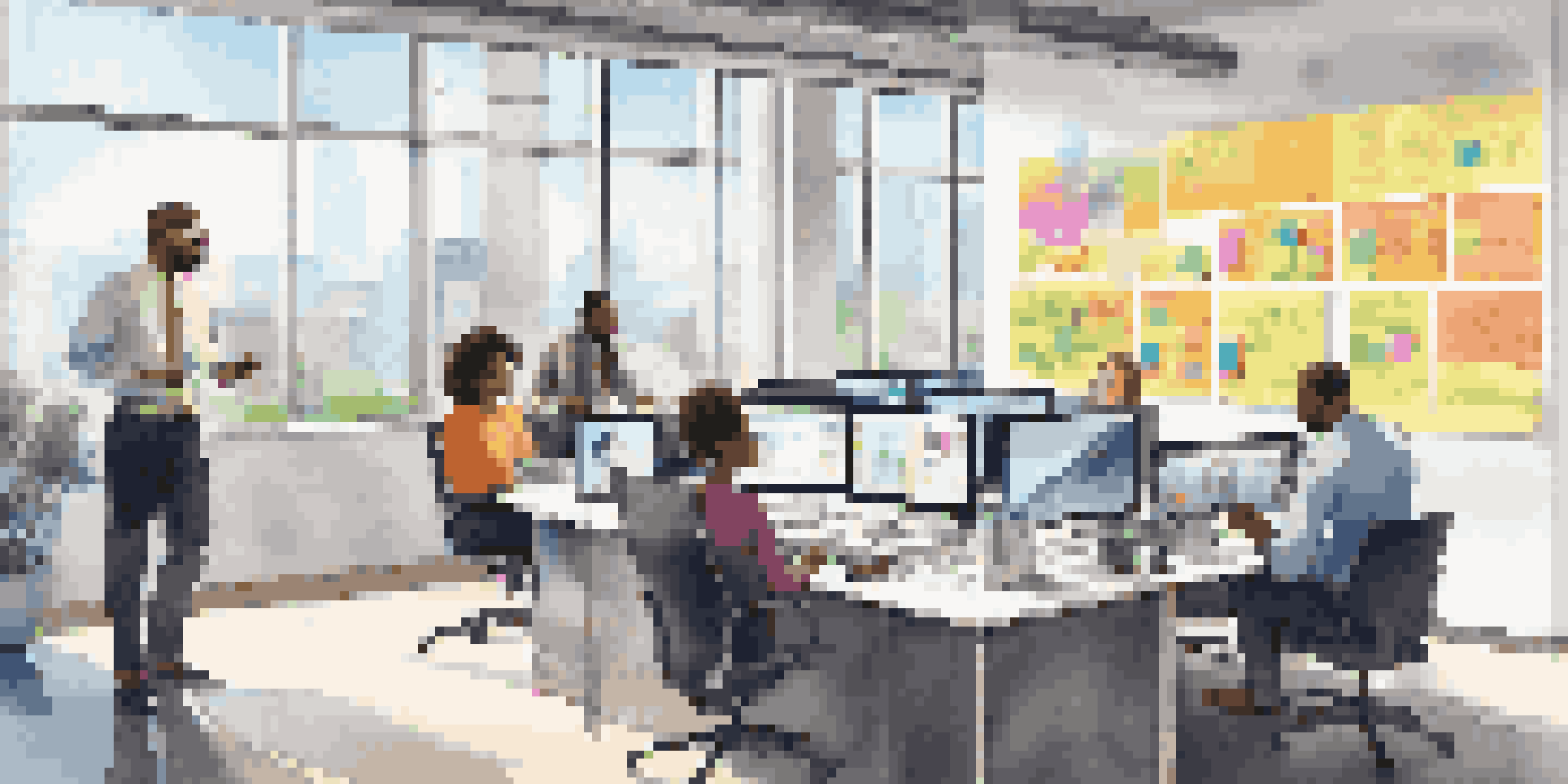 A modern office with diverse professionals collaborating remotely, showing a video conference on a large screen and colorful notes on a glass wall.