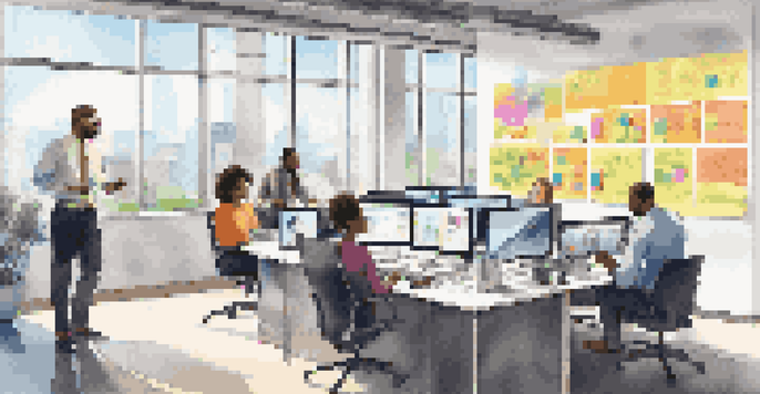 A modern office with diverse professionals collaborating remotely, showing a video conference on a large screen and colorful notes on a glass wall.