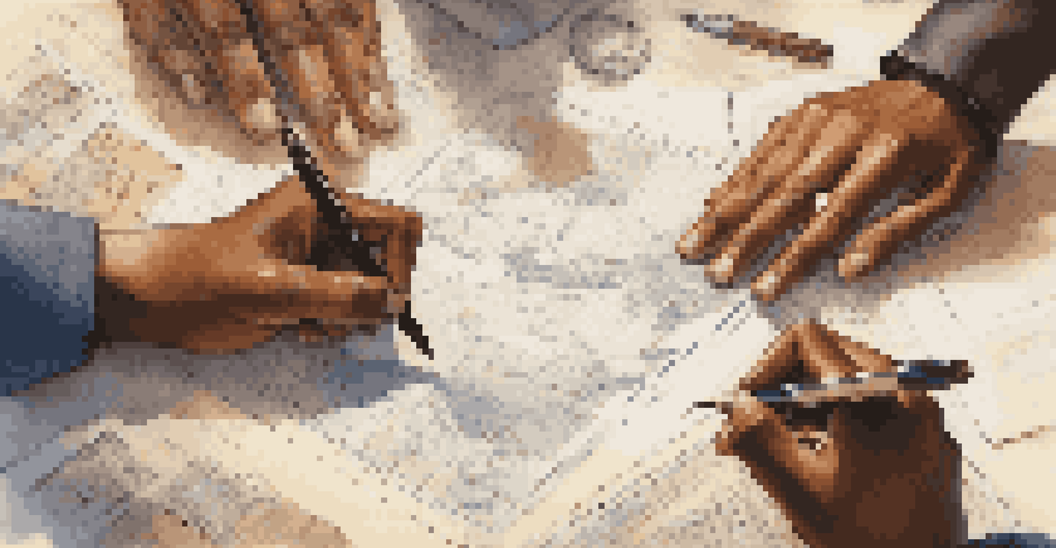 Close-up of diverse hands collaborating on a project with notes and technology.