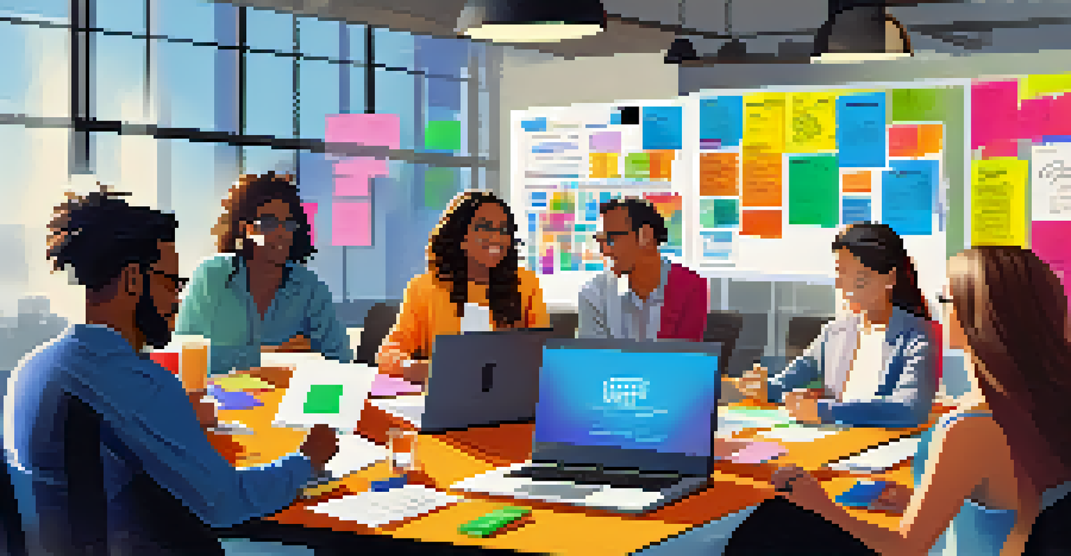 A group of interns collaborating at a conference table with laptops, sticky notes, and a project presentation on a screen in a vibrant office environment.
