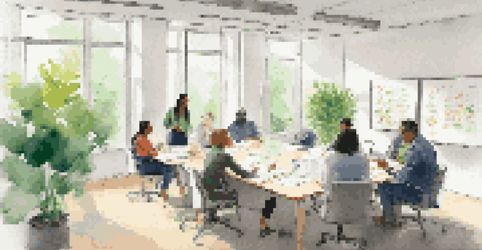 A diverse group of professionals in a bright office discussing feedback around a round table, with a whiteboard in the background and plants around the room.
