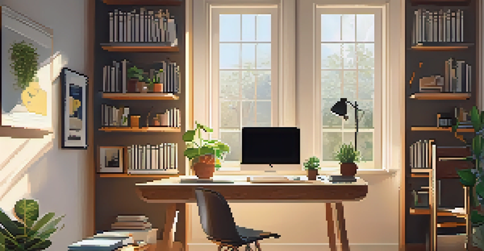 A well-lit home office with a wooden desk, laptop, coffee mug, and potted plant, illuminated by sunlight.