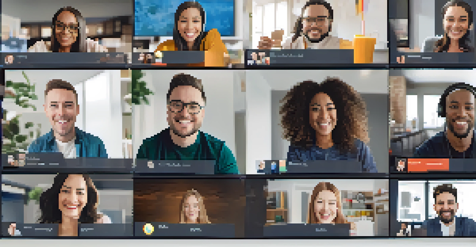A virtual team-building meeting with diverse participants smiling on computer screens, surrounded by snacks.