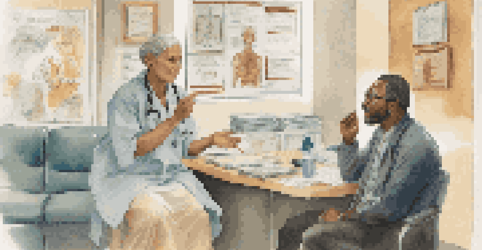 A healthcare provider listening to a patient from a different cultural background in a doctor's office.