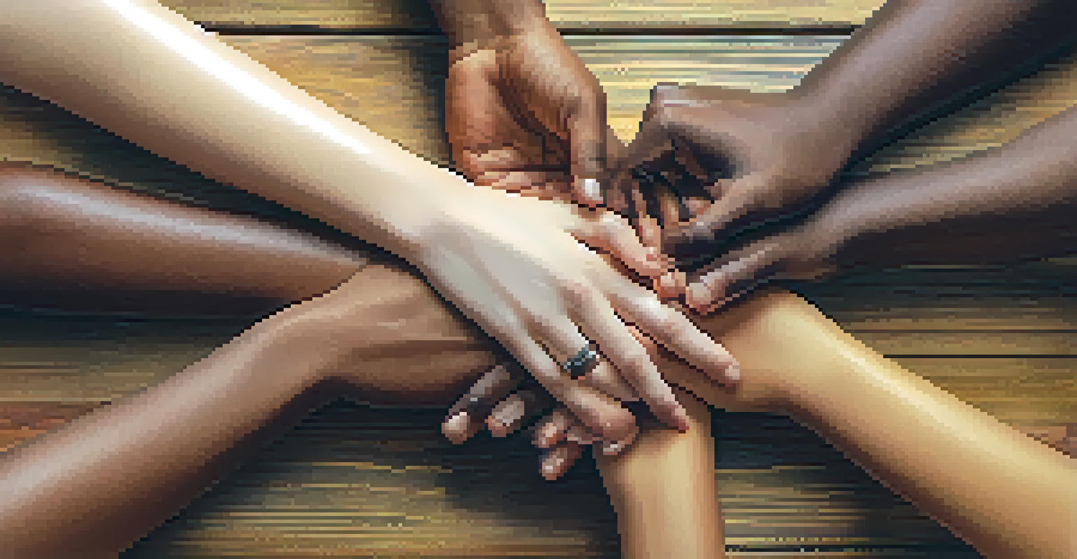 Hands from different ethnic backgrounds joining together, symbolizing unity and collaboration on a wooden table.