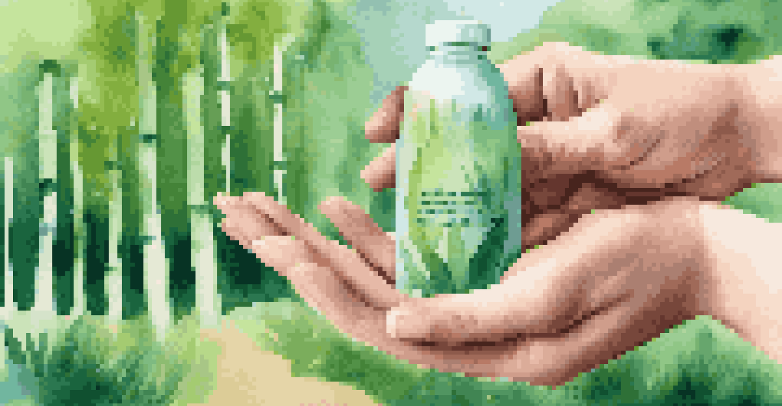 Hands holding eco-friendly products like a reusable water bottle and bamboo toothbrush against a green park background.