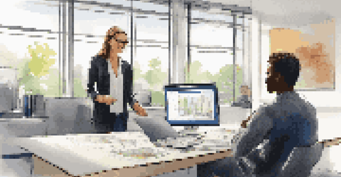 A mentor shows a young adult a project on a computer in a bright office, with both individuals engaged in the learning process.