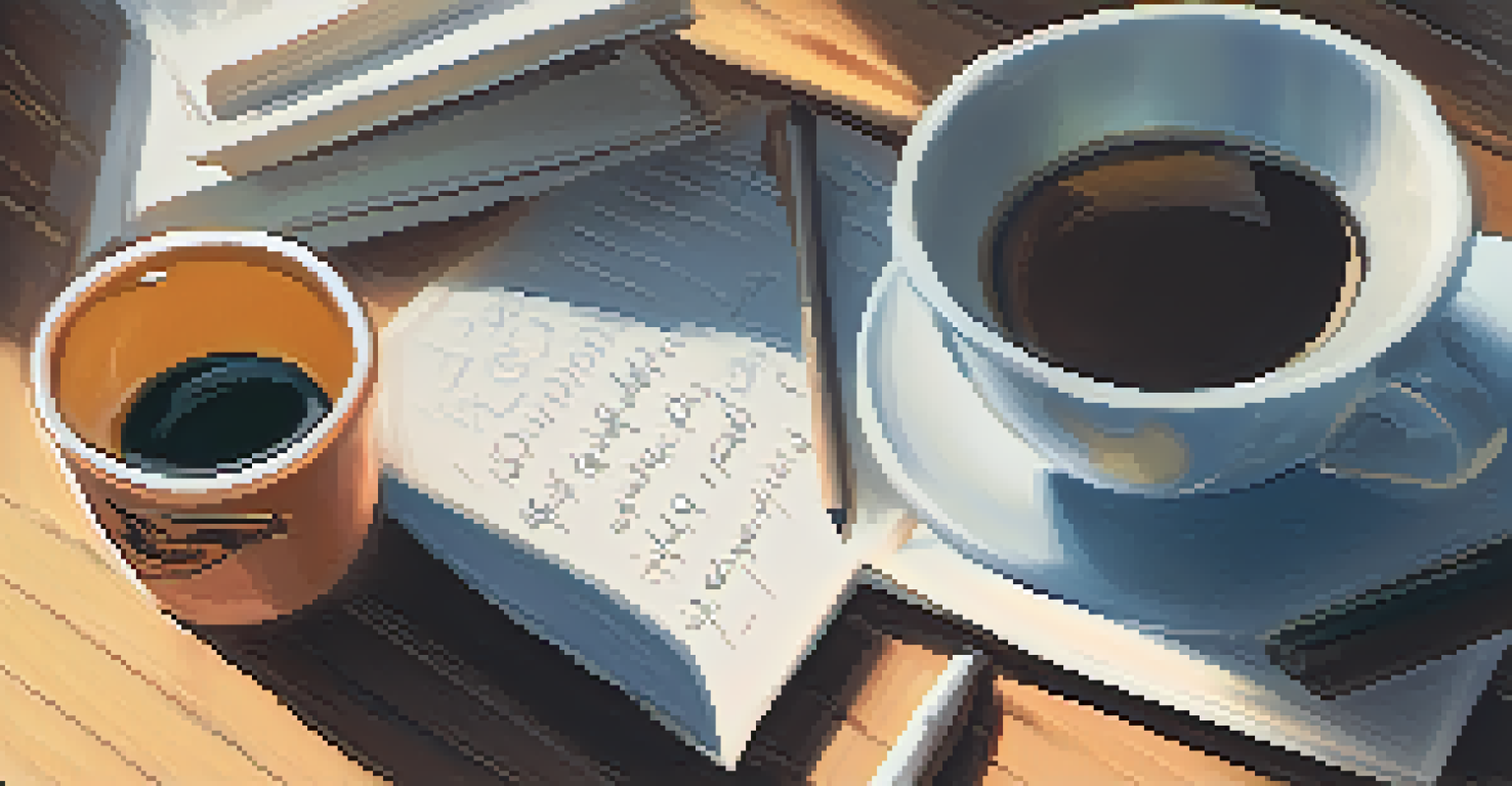 A close-up of a hand writing in a journal about skills development, with a coffee cup beside it, in a warm, cozy setting.