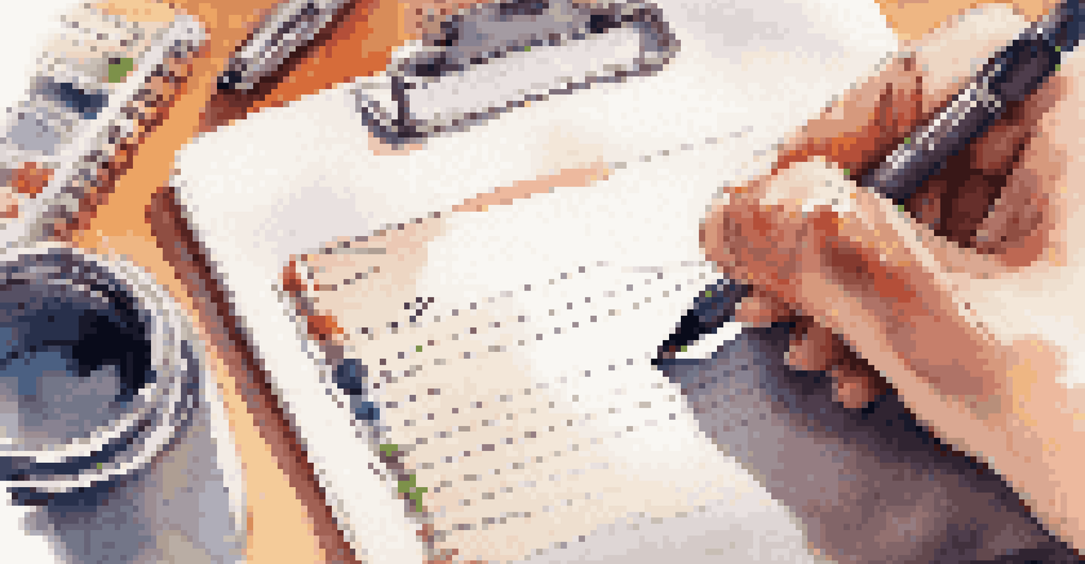 A hand writing a to-do list on a notepad with a blurred cluttered desk in the background.