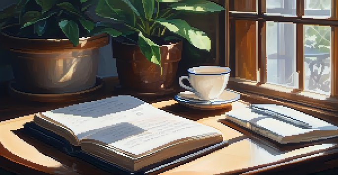 A cozy workspace featuring a journal, cup of tea, and a potted plant, illuminated by natural light.